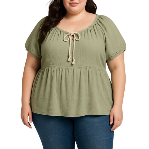 Sonoma Life + Style Peasant Top Size 3X  Green Short Sleeve Tie Neck Detail - Picture 1 of 7